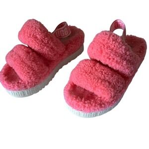UGG Pink‎ Rose Fluffita Oh Yea Sheepskin Fur Slippers Slides Sandals Size 7